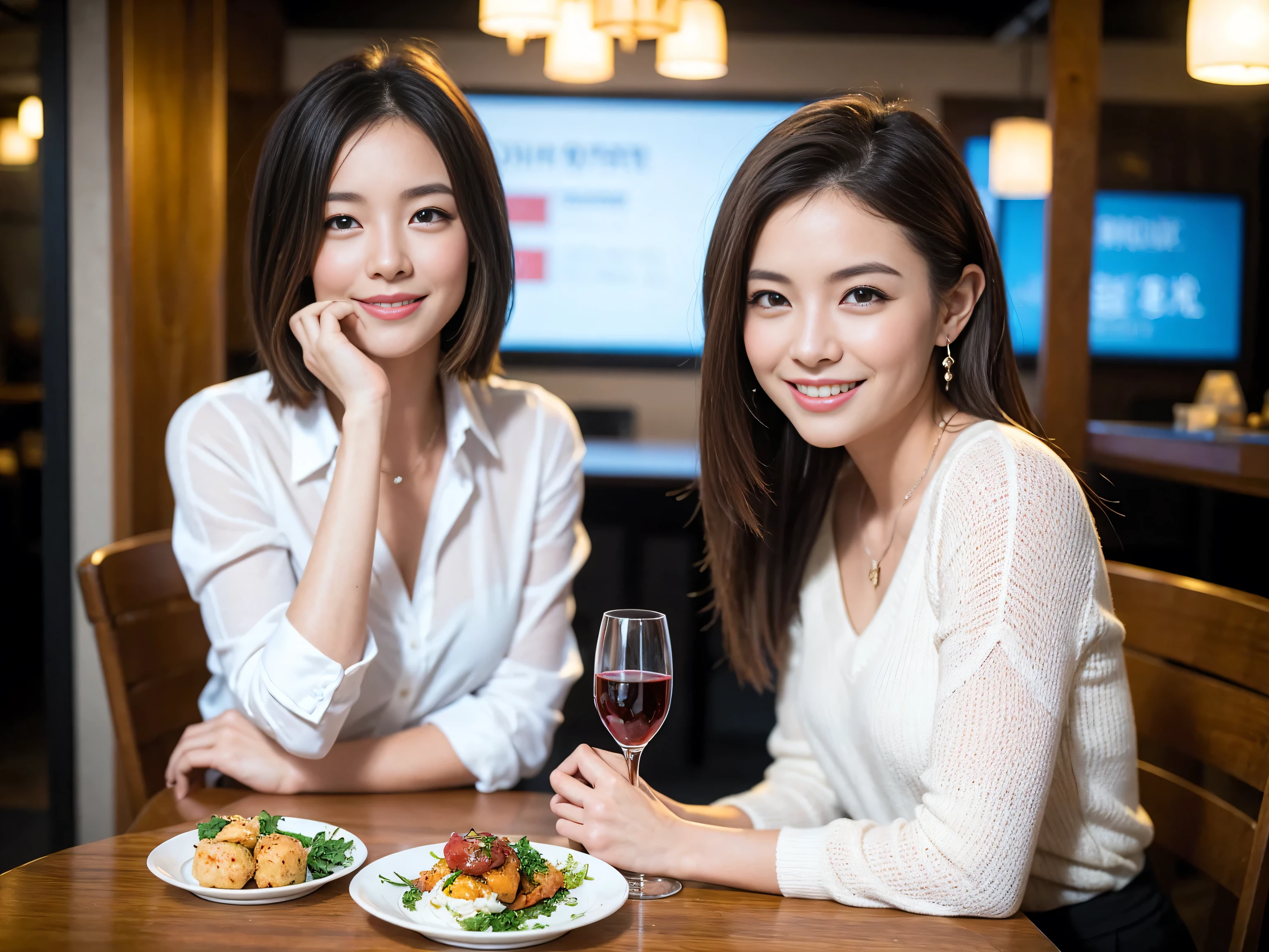 ((highest quality、8k、masterpiece:1.3))、1 male、1 female、Couple、Spouse、Couple、The body is slim、((Bob Hale、Straight hair:1.2)), (Realistic, Intricate details:1.2), Wine glass on the table、Put the light on your face、 Amazing view of the sunset sky and clouds、Amazing mountain views、A bright smile、The wonderfulness of smile、Bright image、The beauty of wine, Beautiful Face, blue eyes, The light shines on your face, Blushing, short hair,Bright Face、 (Age 37), 39 years old, red wine 、Appetizers、Italian food、Wine bottle、Champagne、sparkling wine、Two beauties、Brown Hair、Shortcuts、Long sleeve shirt、dress、Pretty Woman 1, (Slim face), (The body is slim), (Brown Hair), (Shortcuts), cheeks turn a little red,Attractive beauty、restaurant, In a prominent place (From the waist up) Nova Frog Style, actress, model, Upper Body, White wine, slim, wine glass, A wine glass placed in the center, smile, (smile: 1.15), Beautiful fine grain, Depth f/2,saturation, High Contrast, Strong light and shadow,Moist Body:1.5、3D texture、Delicate eyes、Brown Hair、The hair is very shiny、