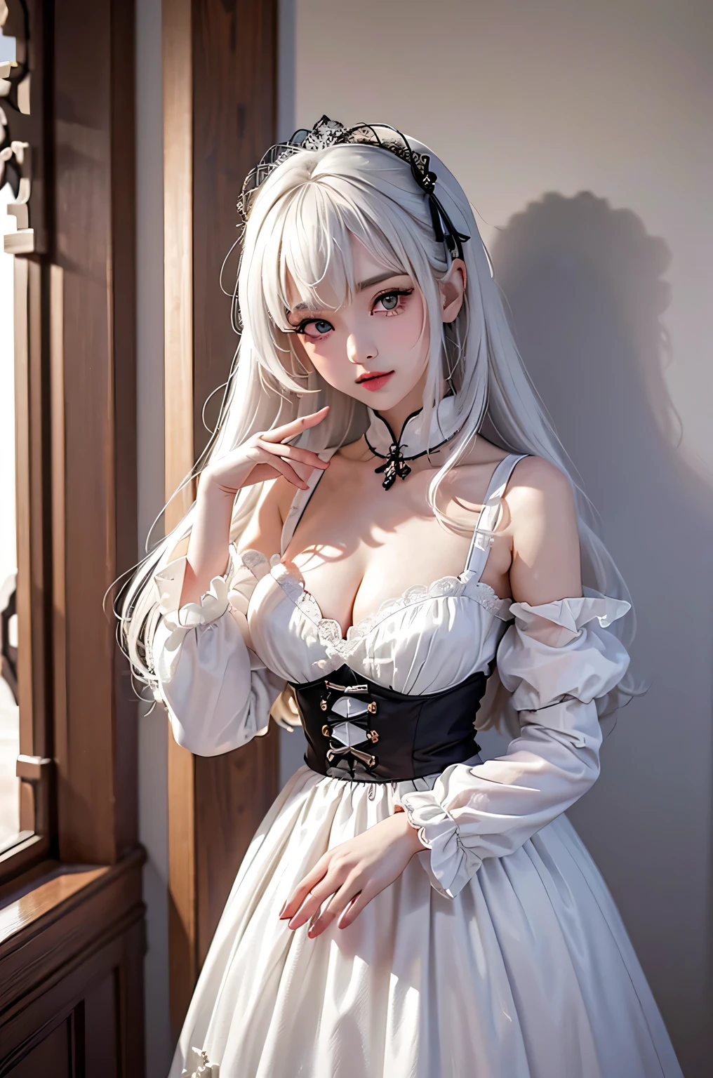 (masterpiece:1.4, best quality, 8k, dutch angle,Realistic、Photorealistic illustrations, Every detail、Intricate details)(1girl, solo)(cute girl, Detailed faces down to the smallest detail、 small beautiful breasts, beauty white hair:1.5, Cute Asian Girl、Beautiful cleavage)(Gothic、ta Costume、black gothic dress、Monotone dress)(Put your hand on the wall, floating hair)(Night view、Britain in the late 20th century、A row of stone houses、out door、moon、Soft Light、Fantastic lights、Beautiful hair that shines through the light)