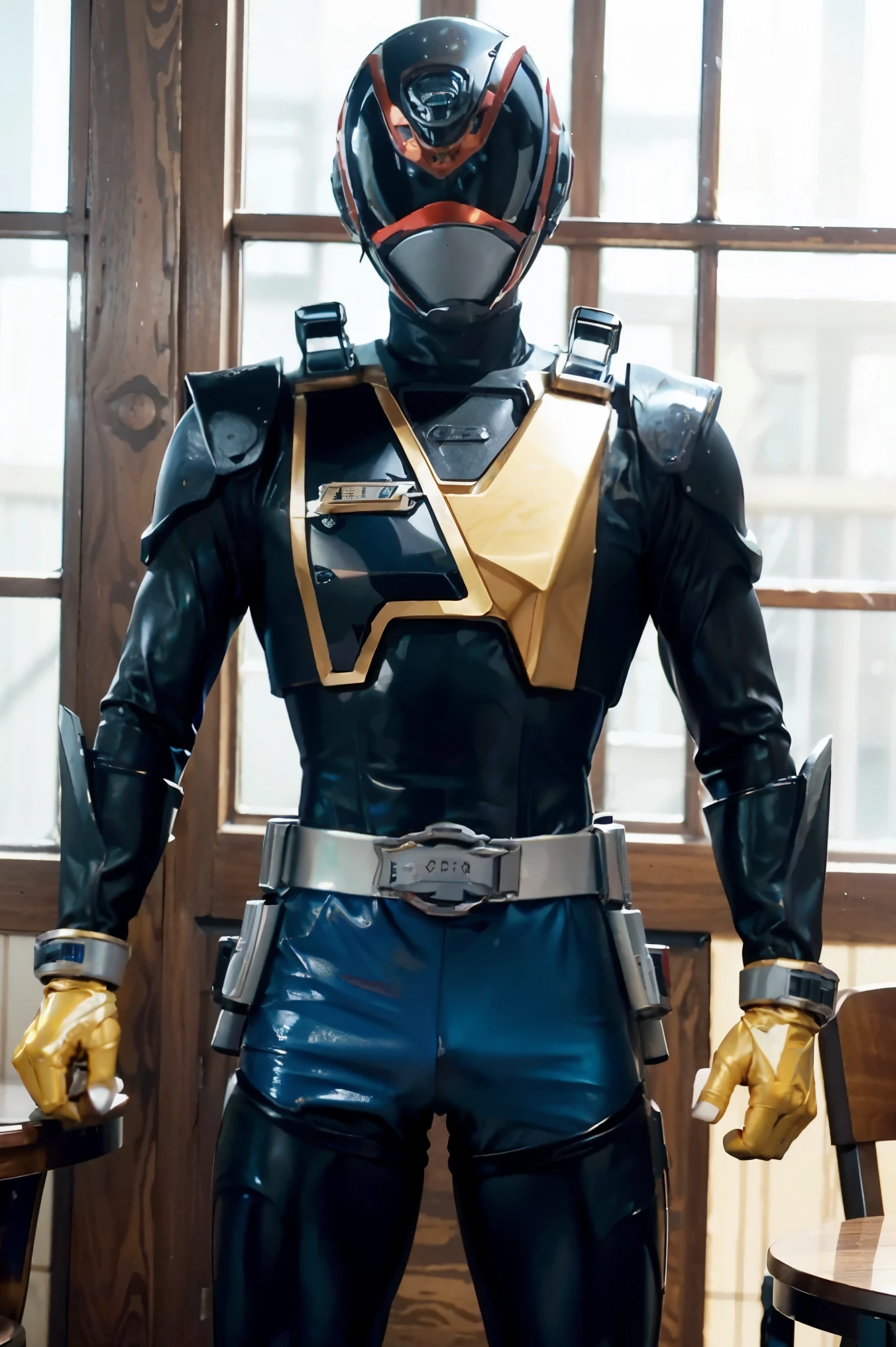 Fantasy background, cafe rpg style, empty chair, table, set of tea glass, (power rangers)), One guy、, ((black ranger suit)), red and blue chest armor with gold details, costume, Solo, ((fit figure)), (Anatomically correct), Cowboy shot, masked face, guns, muscular build