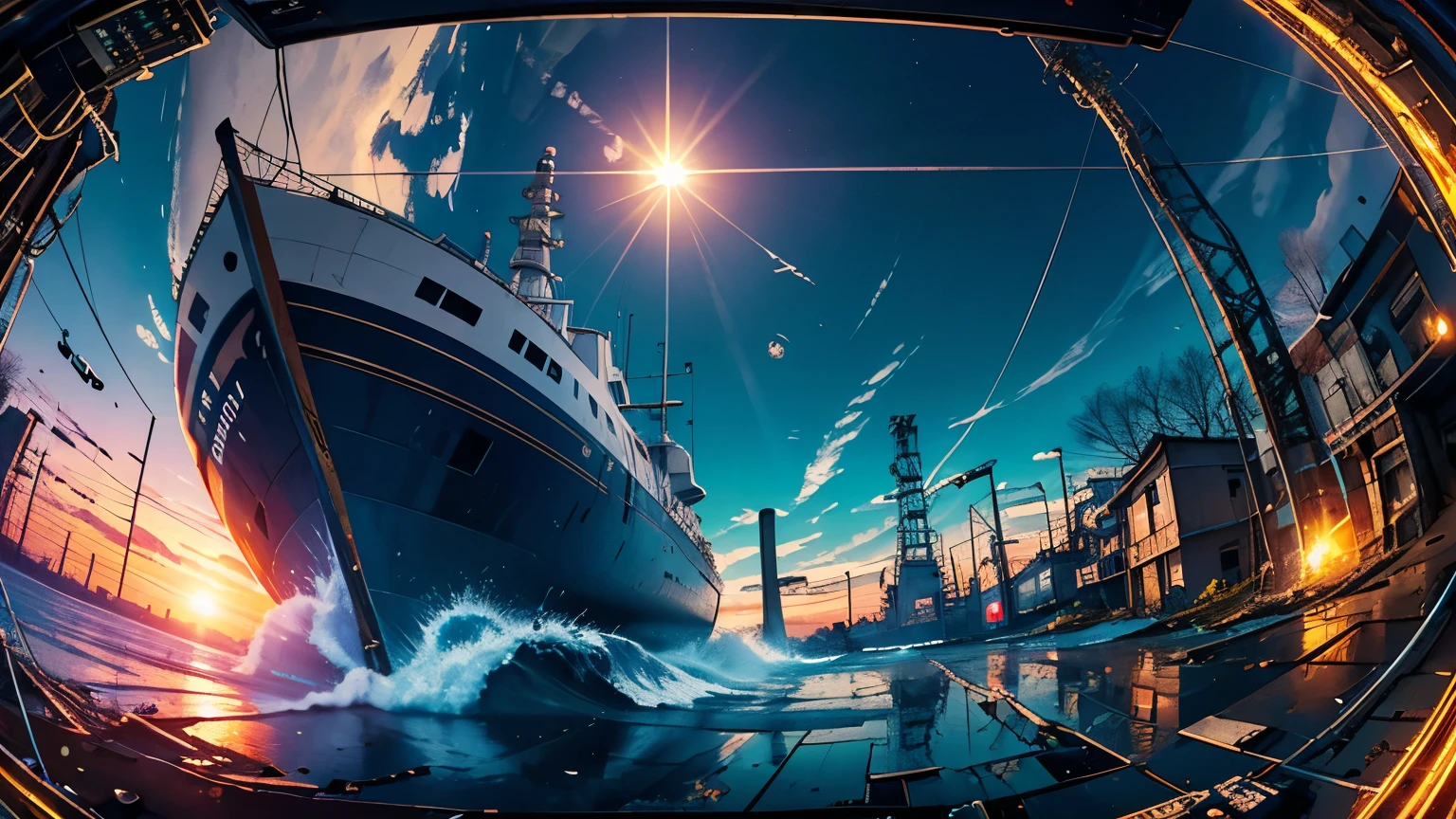 (Fish-eye lens),Icon, Logo, Very Wide White Background, Extreme Quality, Masterpiece, 8k, Depth of Field, Complex Detail, (No People), Very Large Margin, Lots of Text, Corporate Logo, Space, Motif, Emblem, Movie Poster-Like, Fisheye, (Abandoned Factory), (Lots of Wires), Spacecraft, Moon, Sun Flare, sunset, snow