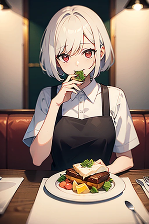 (happy)(white short hair)(red eye)(eating food in restaurant) 4k