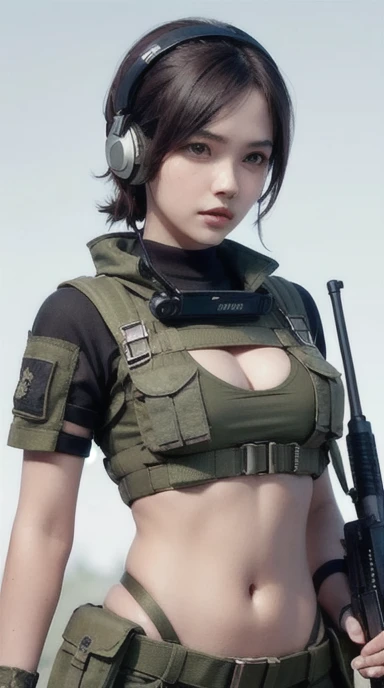 a woman in a white outfit holding a rifle and wearing headphones, 24-year-old woman, Filipino woman, tan bronze skin, soldier girl, mechanized soldier girl, military girl, beautiful female soldier, female lead character, infantry girl, of a sniper girl in war, solo female character, future combat gear, close up half body shot, Women in crop top military bulletproof vest, ((showing navel)), exposed abdomen area, quiet from metal gear solid v, wearing tactical gear, dressed in tactical armor,