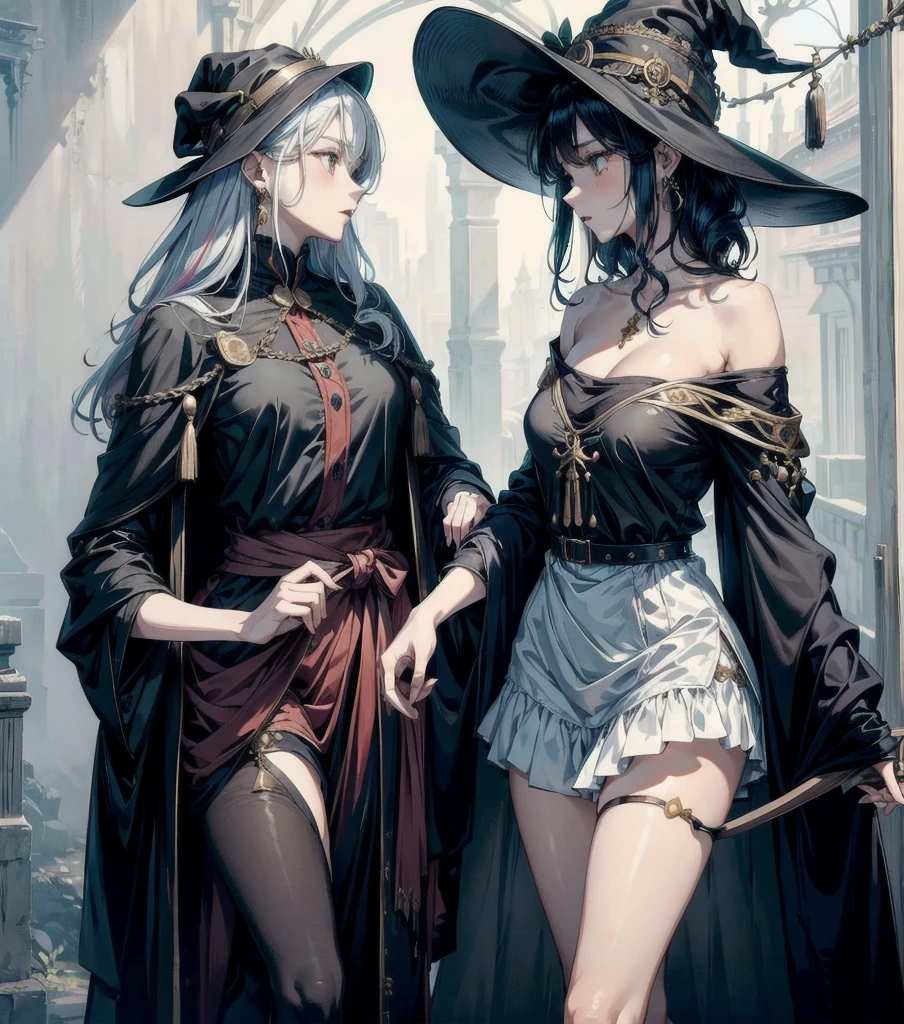 (((yuri))), (((2 girls))), traditional witch outfit, hat, absurdres, RAW photo, extremely delicate and beautiful, masterpiece, Best Quality, ultra high resolution, 32k, hyperrealistic, ultra-detailed, detailed description, perfect anatomy, pale skin, 20 years old, detailed beautiful face and eyes, tearful mole, earring, short medium hair, wavy hair, random colored hair, whole body shot, colossal tits, 