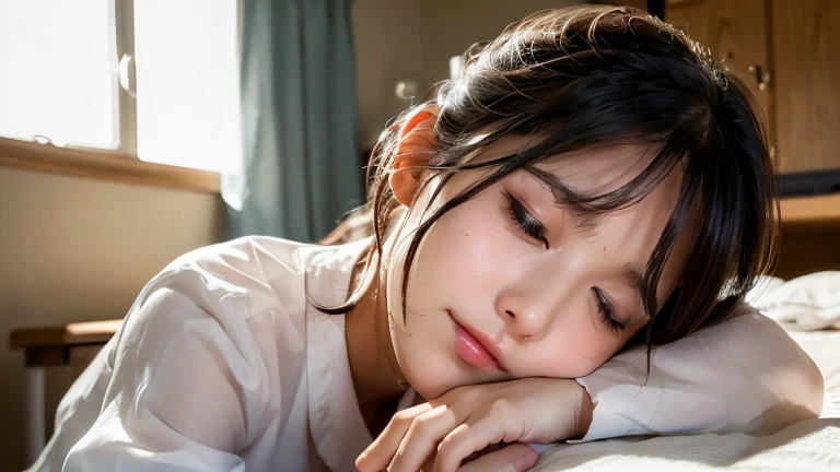 (highest quality,masterpiece:1.3,Ultra-high resolution),(Very detailed,Caustics,8k),(Realistic:1.4,RAW shooting),(nurse station),(Girl sleeping with her head on the desk:1.2),Sit on a chair,18-year-old,Japanese,Short black hair,(Cute sleeping face),(close your eyes:1.1),(The light coming in from the window illuminates the girl:1.1),(Curtains swaying in the wind),(Bust up shot),(Face Focus:1.1),(Face close-up:1.1),Natural light、nurse