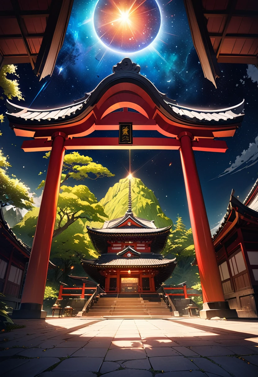 (Panorama, center, masterpiece, highest quality: 1.2), (8K, Raw photo, highest quality), ((masterpiece:1.2)), Realistic, Ultra-high resolution, High Contrast, Photon Mapping, Bright colors, Real, Ultra-detailed, Very detailed, Raw photo, Genuine, Official Art, RAW Photos, Professional Lighting, Light, Professional Writing, twiceLight, Vivid atmosphere, High-definition CG, Unity8k), Eguchi Hisashi style、A girl is seen in the distance。Quiet early morning、In the pale light before the sun rises、A girl with a white kitten beside her、Reading a book while sitting in an old Japanese-style room、It depicts the absorption of knowledge.。green々There are lush moss and pine trees.、The beauty of the Japanese garden unfolds quietly。Cityscape and distant mountains々。Japanese landscapes where culture and nature coexist。Lush greenery swaying in the wind、Shrine torii gate、Sacred Space。Relaxing scene in nature。Star of the sky。Beautiful green gradation。 An atmosphere that exudes the excitement of adventure。An atmosphere that makes you feel happy and joyful。High Fantasy Worldview, A magnificent compositionや比率が美しく描写, Guardian nebula of rainbow light and silvery vapor, Corrosive Encirclement Ray Family Color, Slimy air, A magnificent composition, Epic proportions,