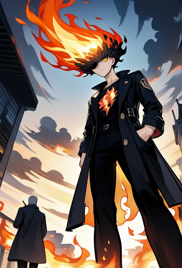 adult male, (completely black head, charcoal head, head on fire, head in flames, head covered in flames), (no face, unseen face), tall, fit body, (golden eyes, side eyeing viewer), (long trench coat, black t-shirt, black pants), hands in trench coat, below view, sidewalk, morning, cowboy shot