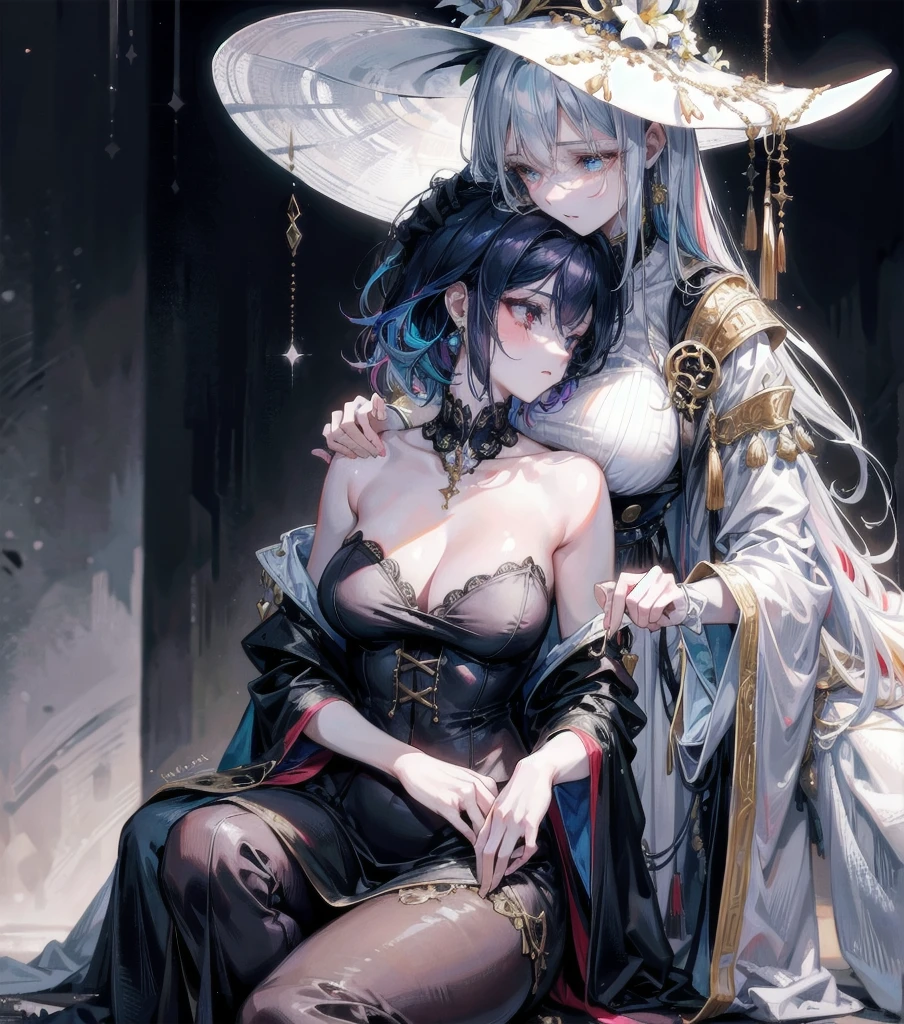 (((yuri))), (((2 girls))), traditional witch outfit, hat, absurdres, RAW photo, extremely delicate and beautiful, masterpiece, Best Quality, ultra high resolution, 32k, hyperrealistic, ultra-detailed, detailed description, perfect anatomy, pale skin, 20 years old, detailed beautiful face and eyes, tearful mole, earring, short medium hair, wavy hair, random colored hair, whole body shot, colossal tits,