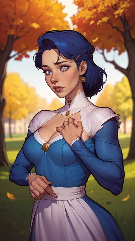 uma mulher de vestido azul segurando uma vara de madeira em uma floresta, Alena Aenami e Artgerm, artgerm detalhado, artgerm e atey ghailan, estilo ivan talavera e artgerm, Krenz Cushart e Artgerm, artgerm e lois van baarle, linda pintura de personagemdigital, design de personagens altamente detalhado, arte digital detalhada coragem, Forest fan art, Design de personagens de retrato, beautiful digital illustration, retrato de alta qualidade, Arte em quadrinhos, mulher jovem cabelo com transas lindas . Queen Anna of ArendelleBeautiful lined eyes Medium large bust and wonderful sexy clothes. image expression of sexual desire from waist to head illustration Queen Anne of Arendelle