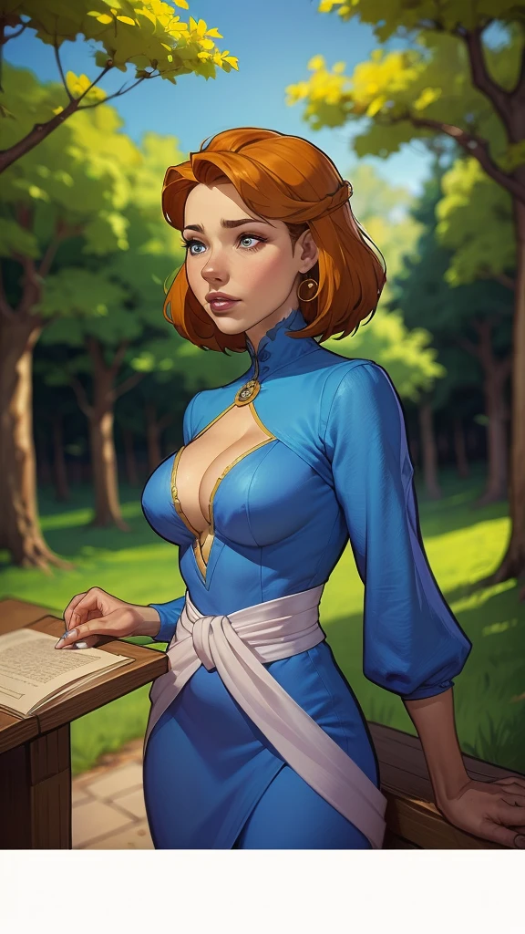 uma mulher de vestido azul segurando uma vara de madeira em uma floresta, Alena Aenami e Artgerm, artgerm detalhado, artgerm e atey ghailan, estilo ivan talavera e artgerm, Krenz Cushart e Artgerm, artgerm e lois van baarle, linda pintura de personagemdigital, design de personagens altamente detalhado, arte digital detalhada coragem, Forest fan art, Design de personagens de retrato, beautiful digital illustration, retrato de alta qualidade, Arte em quadrinhos, mulher jovem cabelo com transas lindas . Queen Anna of ArendelleBeautiful lined eyes Medium large bust and wonderful sexy clothes. image expression of sexual desire from waist to head illustration Queen Anne of Arendelle