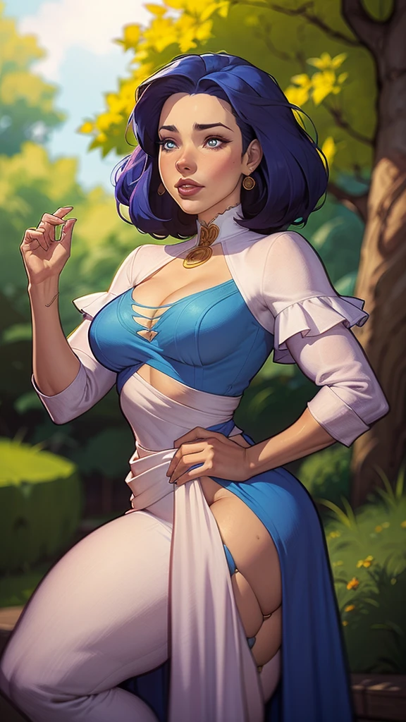 uma mulher de vestido azul segurando uma vara de madeira em uma floresta, Alena Aenami e Artgerm, artgerm detalhado, artgerm e atey ghailan, estilo ivan talavera e artgerm, Krenz Cushart e Artgerm, artgerm e lois van baarle, linda pintura de personagemdigital, design de personagens altamente detalhado, arte digital detalhada coragem, Forest fan art, Design de personagens de retrato, beautiful digital illustration, retrato de alta qualidade, Arte em quadrinhos, mulher jovem cabelo com transas lindas . Queen Anna of ArendelleBeautiful lined eyes Medium large bust and wonderful sexy clothes. image expression of sexual desire from waist to head illustration Queen Anne of Arendelle