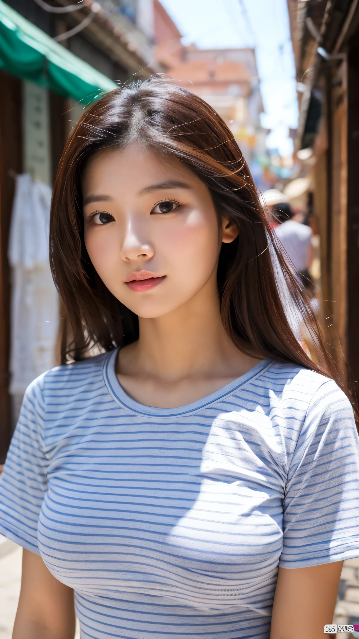 Extreme close-up of beautiful korean female, 34 inches breasts size, wearing t-shirt sriped pattern, at the old town, UHD