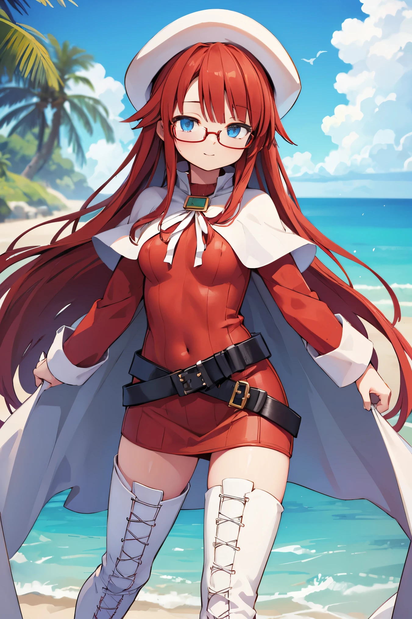 summonnightaty, aty, (young:1.3),long hair, blue eyes, red hair, big_berets, hat, glasses,
BREAK long hair, thighhighs, hat, dress, boots, glasses, belt, cape, sweater, zettai ryouiki, beret, thigh boots, white footwear, ribbed sweater, loose belt,solo,
BREAK outdoors, fantasy,on_beach,
,Highquality_hads,perfect_fingers,
BREAK (masterpiece:1.2), best quality, high resolution, unity 8k wallpaper, (illustration:0.8), (beautiful detailed eyes:1.6), extremely detailed face, perfect lighting, extremely detailed CG, (perfect hands, perfect anatomy),covered_nipples,covered_navel ,half_eyes,long_sword,sleepy,standing,red_sweater,apart_knees,magical_effect,spread_legs, have_a_book,teacher,rise_knee,Smile,rise_hand,look_down_viewer,spread_arms,sea​_waves,looking_into,blue_sky