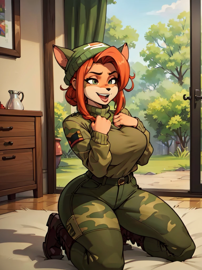 (best quality,4k,8k,highres,masterpiece:1.2),ultra-detailed,realistic:1.37,portrait,anthro bandicoot girl redhead, braided hair, beautiful closed eyes, open mouth tongue ,sexy ,seductive, warm sweater, camouflage beanie-balaclava ,camouflage pants, army boots, smirking, cozy lighting, vibrant colors , girl anthro , sweater, camouflage beanie, camouflage pants, army boots,