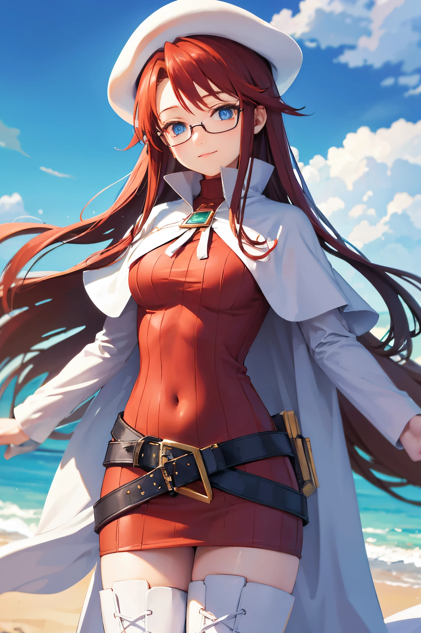 summonnightaty, aty, (young:1.3),long hair, blue eyes, red hair, big_berets, hat, glasses,
BREAK long hair, thighhighs, hat, dress, boots, glasses, belt, cape, sweater, zettai ryouiki, beret, thigh boots, white footwear, ribbed sweater, loose belt,solo,
BREAK outdoors, fantasy,on_beach,
,Highquality_hads,perfect_fingers,
BREAK (masterpiece:1.2), best quality, high resolution, unity 8k wallpaper, (illustration:0.8), (beautiful detailed eyes:1.6), extremely detailed face, perfect lighting, extremely detailed CG, (perfect hands, perfect anatomy),covered_nipples,covered_navel ,half_eyes,long_sword,sleepy,standing,red_sweater,apart_knees,magical_effect,spread_legs, have_a_book,teacher,rise_knee,Smile,rise_hand,look_down_viewer,spread_arms,sea​_waves,looking_into,blue_sky