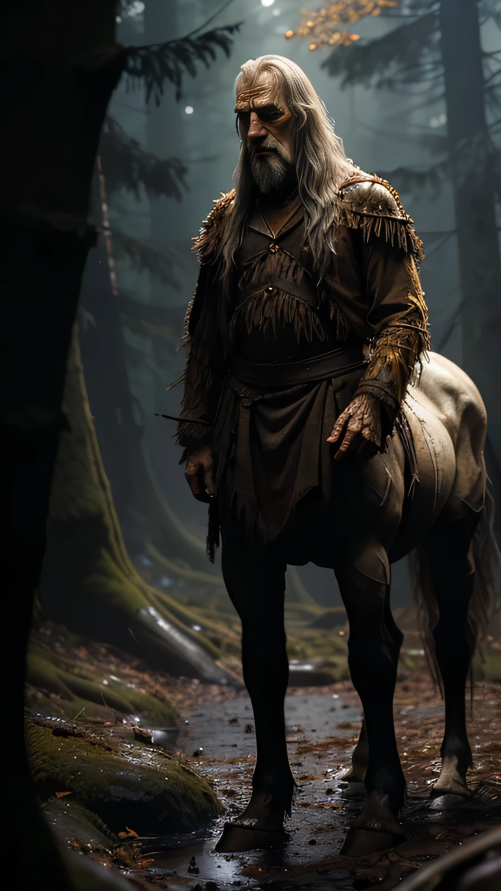 horror, (Jonathan Pryce) as Centaur, standing, in a forest, autumn, (1man), (solo), (full body view), beautiful detailed glow, detailed, cinematic light, intricate detail, realistic, highres, detailed facial features, high detail, sharp focus, smooth, aesthetic, extremely detailed, stamp, octane render