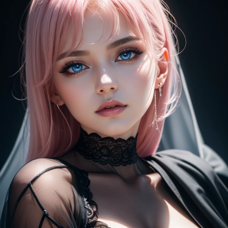 masterpiece, 8k, CG, one beautiful women, solo, cat head, full body, dynamic pose, (shiny skin:1), ultra-detailed, ultra high res, (photorealistic:1.4), (best quality), (best shadow), (((face detailed))), eyes detailed, nose detailed perfect lighting, lighter pink hair, normal breasts, (thick thighs), (black transparent lace), (wide hips), (abs:0.5), (blue eyes), lace choker, smokey make up, cloak, close up, (simple withe background), (((exhibitionism))), perfect lighting, best shadow, smooth, incredible shadows, realistic, (highly detailed background:1.2)