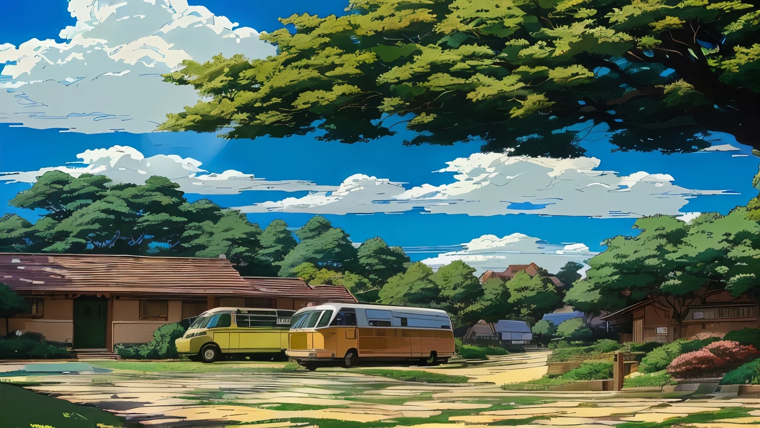 there is a van parked in a driveway with a tree in the background, studio ghibli sky, studio ghibli artstyle, studio ghibli sunlight, studio ghibli landscape, anime countryside landscape, studio ghibli art style, ghibli artstyle, studio ghibli environment, ghibli art style, anime landscape, beautiful anime scene, anime scenery, anime background art, by Miyazaki