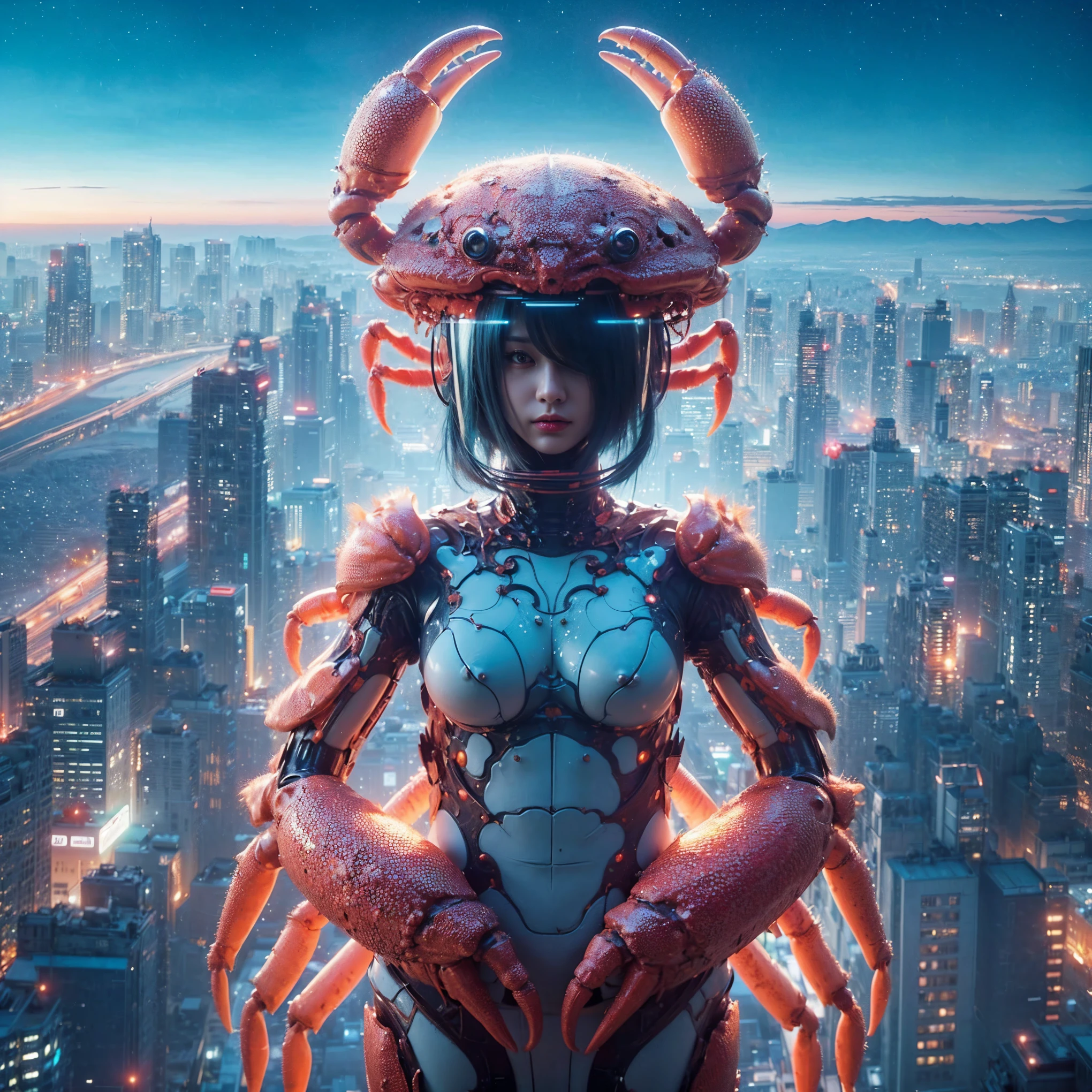 (top-quality:1.2, masterpiece), ultra high resolution, (Photorealsitic:1.4), (crab-base body), 1 Japanese female, extremely realistic face, (white hair), ((ultimately intricate all details)), (whole body picture), realistic shadow, octan render, glossy textures, character edge light, Details of complex ornaments, dystopia with a beautiful view at night, fighting pose
