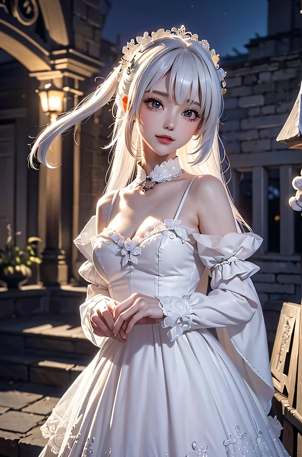 (masterpiece:1.4, best quality, 8k, dutch angle,Realistic、Photorealistic illustrations, Every detail、Intricate details)(1girl, solo)(cute girl, Detailed faces down to the smallest detail、 small beautiful breasts, beauty white hair:1.5, Cute Asian Girl、Beautiful cleavage)(Gothic、Lolita Costume、black gothic dress、Monotone dress)(arms behind back. floating hair)(Night view、Britain in the late 20th century、A row of stone houses、out door、moon、Soft Light、Fantastic lights、Beautiful hair that shines through the light)