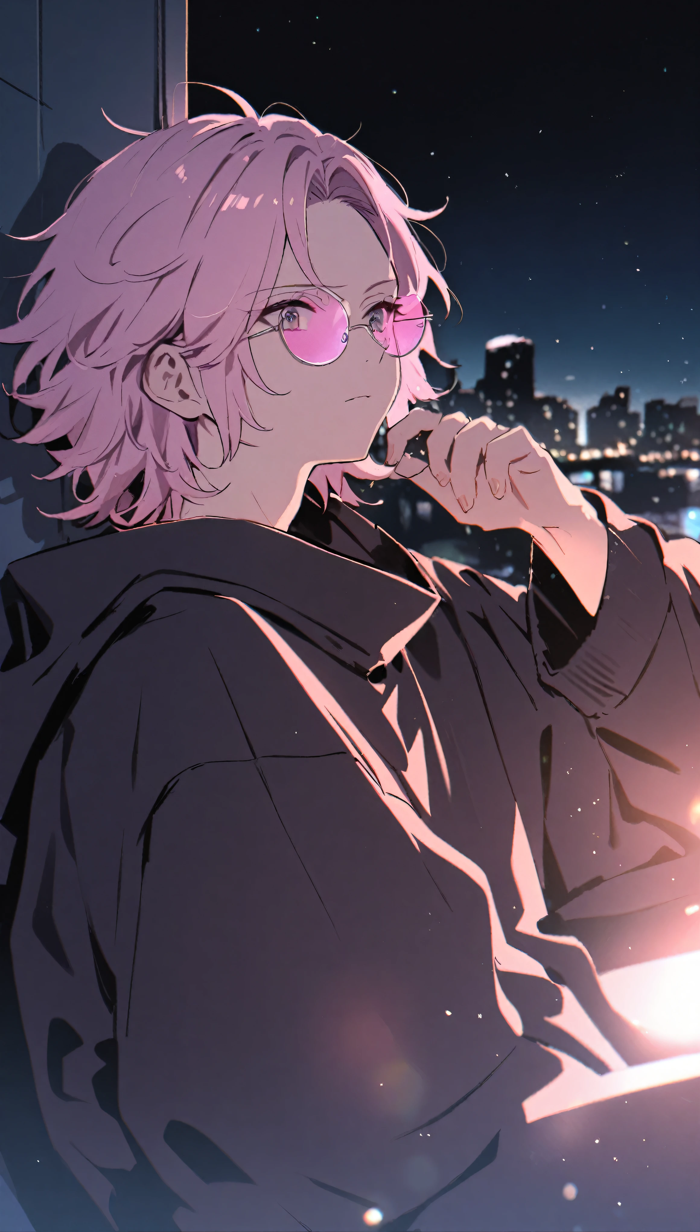 boy, 1 person, Light pink hair, Bad face, cool,Wolf Hair, Black oversized outfit, night,Pink round rimless sunglasses, relaxing