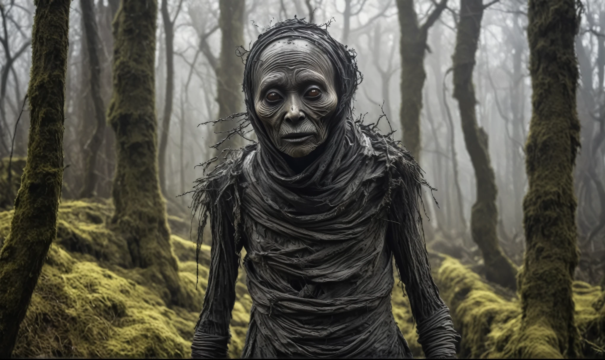 full body length shot, oldest funny fairy's mummy who can't almost fly,Stone Forest in Yunnan Province of China,Giethoorn of Netherlandsnatural skin textures, hyper realisitc, hyper detailed,Extremely detailed,High contrast,Realistic, back view,full body length,evil ghost of Hobgoblin,once pretty face,intricate details,realistic humid skin,extremely intricate details,anatomically correct, eyes extremely detailed, high detailed eyes,High contrast,Ultra HD,Retina,HDR,photo,Masterpiece, natural skin textures, hyper realism,hyper detailed,Realism,Ultra Detailed,irina yermolova, close full body shot,16K resolution,RAW, Nikon Z9,full body length,charcoal goblin,native irish,ominous landscape,niobium radioactive atmosphere, Simon Stalenhag,Nicola Samori,Wangechi Mutu,jibaro,funny mummy wrapped in charcoal bandage