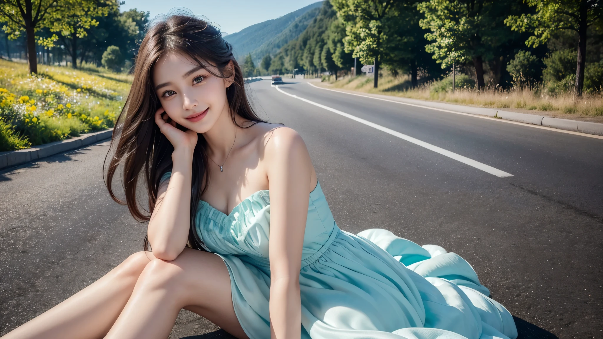 beautiful detailed Korean girl, 16 years youngest girl, beautiful detailed eyes, beautiful detailed lips, extremely detailed face and eyes, long eyelashes, delicate features, elegant pose, standing beside beautiful highway road, wide highway, flower trees beside highway, cinematic lighting, vibrant colors, photorealistic, 8k, (best quality,4k,8k,highres,masterpiece:1.2),ultra-detailed,(realistic,photorealistic,photo-realistic:1.37), UHD, beautiful face, realistic face, realistic skin, realistic smile, realistic atmosphere, every thing is realistic, cutest smile, realistic body, realistic body language, realistic hands, realistic arms, realistic hand fingers, realistic legs, round young breasts, perfect body figure, sitting on highway, above ankle body shot, cute face, stylish look, stylish angles, ((silky seafoam colour above knee length sweetheart dress)),(smile:1.2), bright skin, cute, sweet, ((one hand on hair)), realistic pose, vivid,