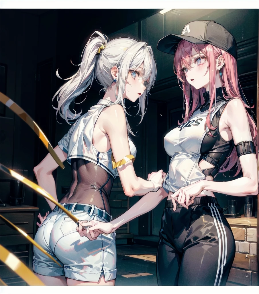 (((yuri))), (((2 girls))), Basketball shirt, baseball cap, Hot Pants, absurdres, RAW photo, extremely delicate and beautiful, masterpiece, Best Quality, ultra high resolution, 32k, hyperrealistic, ultra-detailed, detailed description, perfect anatomy, pale skin, 20 years old, detailed beautiful face and eyes, tearful mole, earring, short medium hair, wavy hair, random colored hair, whole body shot, colossal tits, 