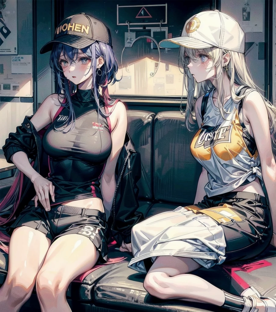 (((yuri))), (((2 girls))), Basketball shirt, baseball cap, Hot Pants, absurdres, RAW photo, extremely delicate and beautiful, masterpiece, Best Quality, ultra high resolution, 32k, hyperrealistic, ultra-detailed, detailed description, perfect anatomy, pale skin, 20 years old, detailed beautiful face and eyes, tearful mole, earring, short medium hair, wavy hair, random colored hair, whole body shot, colossal tits,