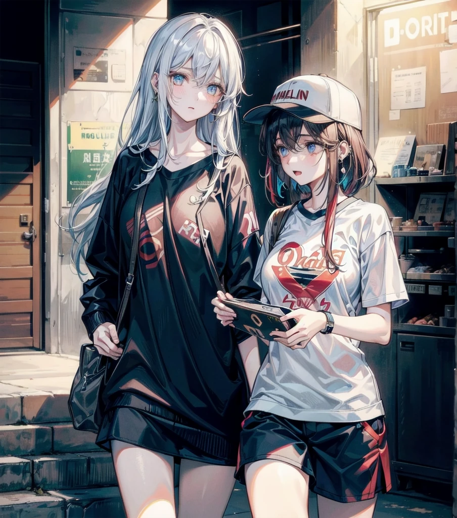 (((yuri))), (((2 girls))), Basketball shirt, baseball cap, Hot Pants, absurdres, RAW photo, extremely delicate and beautiful, masterpiece, Best Quality, ultra high resolution, 32k, hyperrealistic, ultra-detailed, detailed description, perfect , pale skin, 20 years old, detailed beautiful face and eyes, tearful mole, earring, short medium hair, wavy hair, random colored hair, whole body shot, colossal tits, 