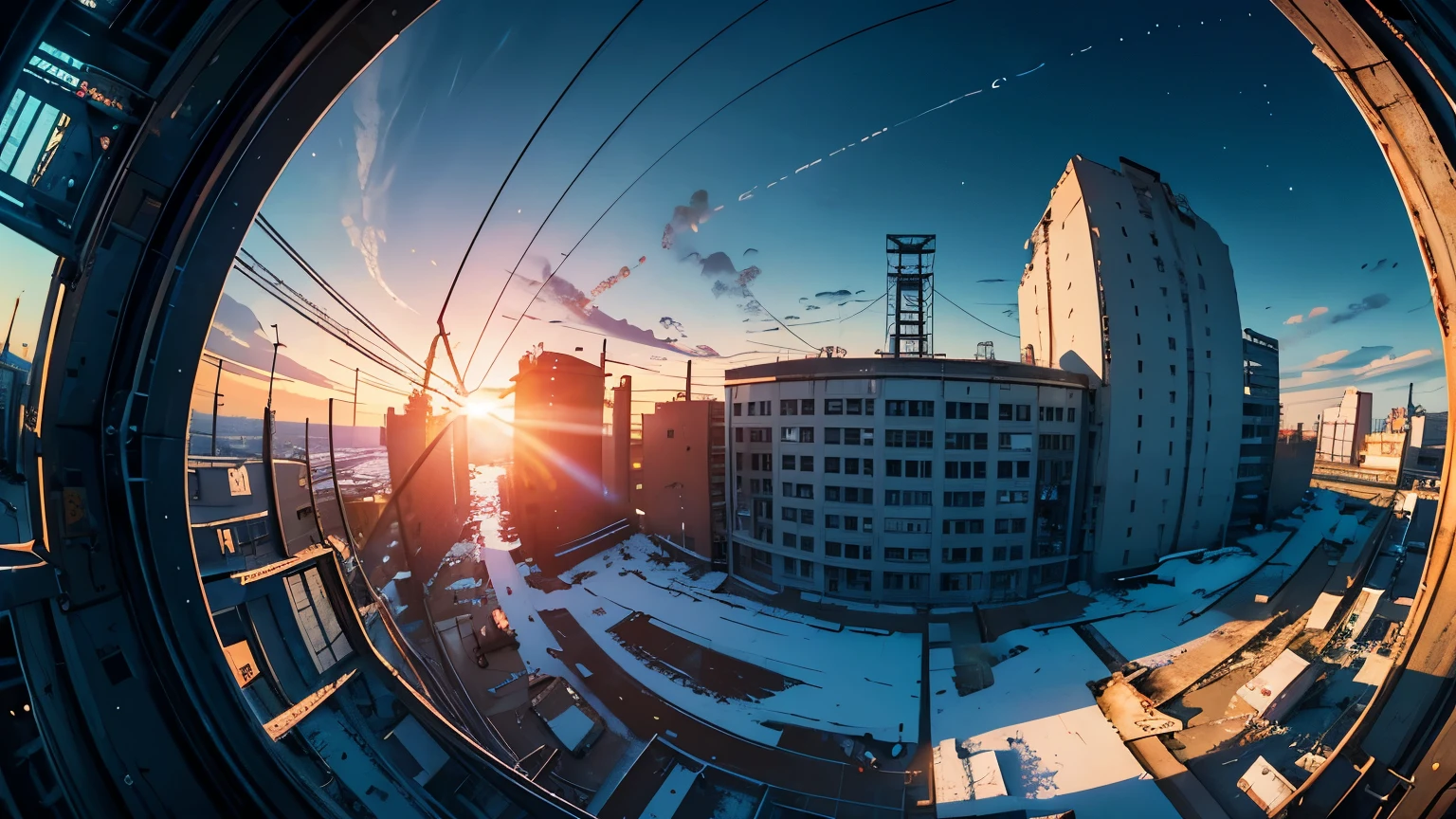 (Fish-eye lens),Icon, Logo, Very Wide White Background, Extreme Quality, Masterpiece, 8k, Depth of Field, Complex Detail, (No People), Very Large Margin, Lots of Text, Corporate Logo, Space, Motif, Emblem, Movie Poster-Like, Fisheye, (Abandoned Factory), (Lots of Wires), Spacecraft, Moon, Sun Flare, sunset, snow