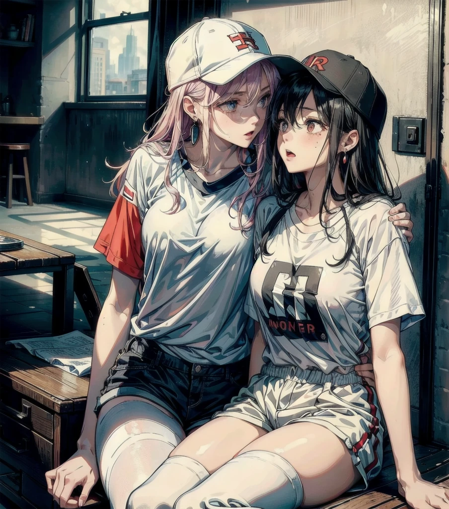 (((yuri))), (((2 girls))), Basketball shirt, baseball cap, Hot Pants, absurdres, RAW photo, extremely delicate and beautiful, masterpiece, Best Quality, ultra high resolution, 32k, hyperrealistic, ultra-detailed, detailed description, perfect anatomy, pale skin, 20 years old, detailed beautiful face and eyes, tearful mole, earring, short medium hair, wavy hair, random colored hair, whole body shot, colossal tits, 