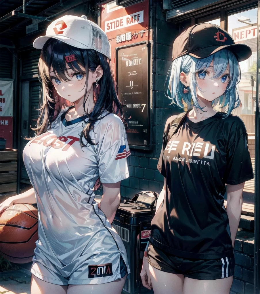 (((yuri))), (((2 girls))), Basketball shirt, baseball cap, Hot Pants, absurdres, RAW photo, extremely delicate and beautiful, masterpiece, Best Quality, ultra high resolution, 32k, hyperrealistic, ultra-detailed, detailed description, perfect anatomy, pale skin, 20 years old, detailed beautiful face and eyes, tearful mole, earring, short medium hair, wavy hair, random colored hair, whole body shot, colossal tits,
