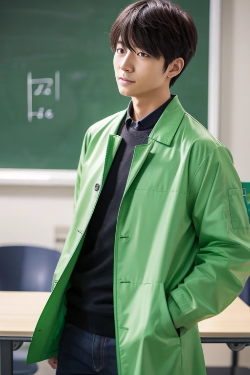 Math teacher, cool, anime, green lab coat, male, Morijuku