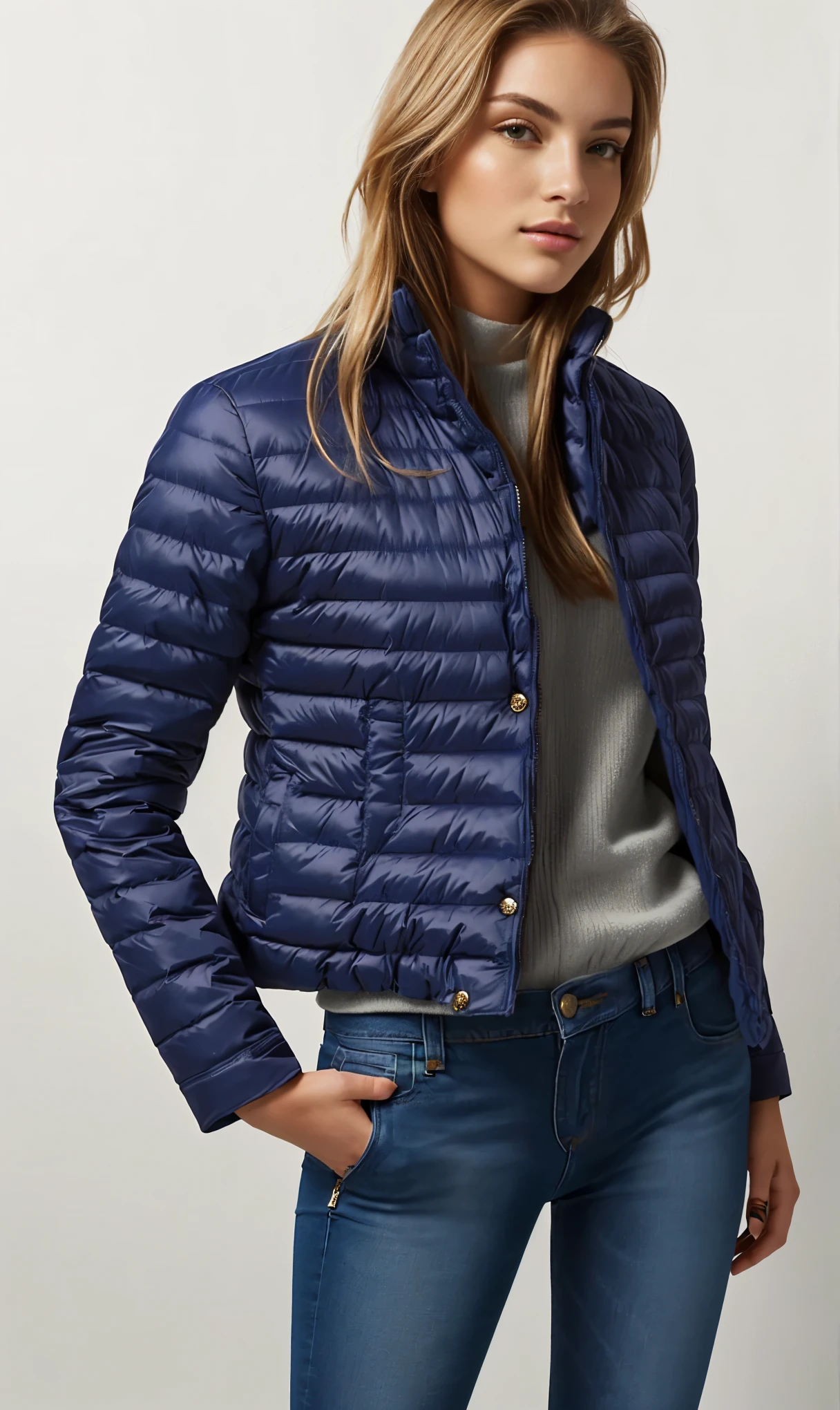 a woman in a blue jaqueta and jeans poses for a picture, short jaqueta, blue jaqueta, model wears a puffer jaqueta, jaqueta, puffer jaqueta, wearing jaqueta, wearing blue jaqueta, moncler jaqueta, wearing a blue jaqueta, com dois bolsos frontais, harmony blue jaqueta, open jaqueta, parka azul, splendid, transparent puffer jaqueta