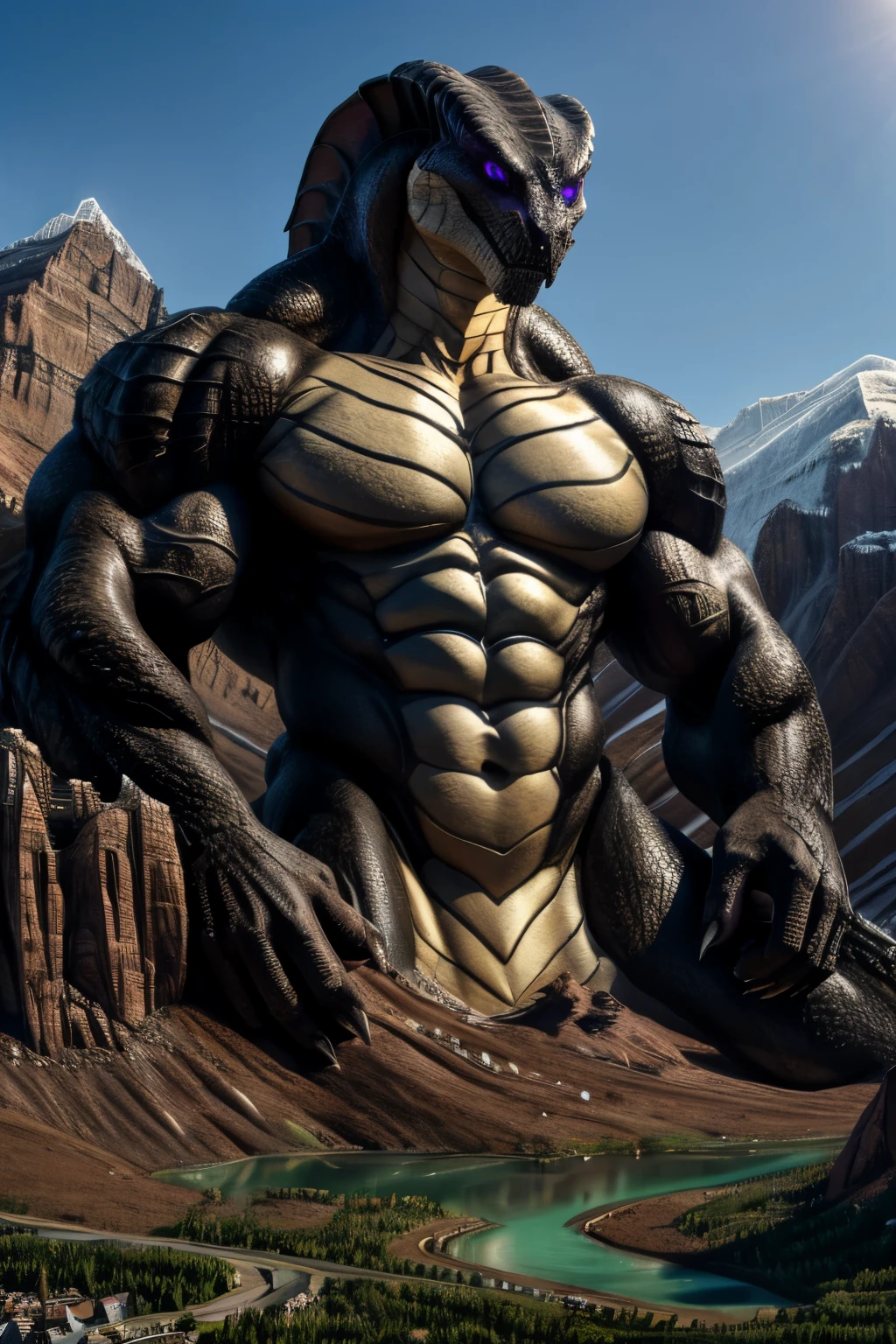 Solo,Naga, Giant Sized, Big, Huge, Macro, Monster Size, Black, purple eyes, muscular, Mountain ravine ,(masterpiece, high quality,hi-res,8k had), High Resolution, High Detail)