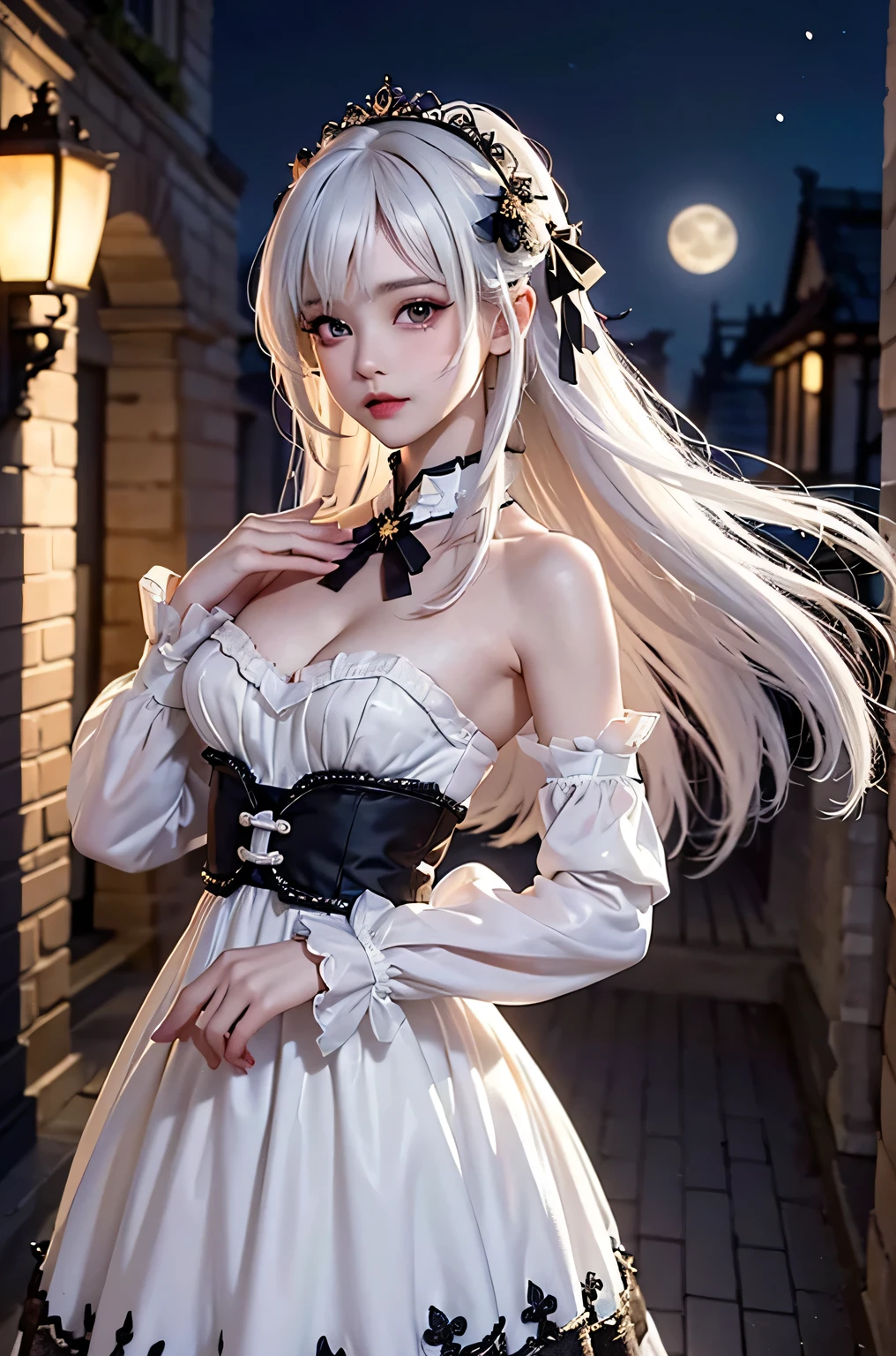 (masterpiece:1.4, best quality, 8k, dutch angle,Realistic、Photorealistic illustrations, Every detail、Intricate details)(1girl, solo)(cute girl, Detailed faces down to the smallest detail、 small beautiful breasts, beauty white hair:1.5, Cute Asian Girl、Beautiful cleavage)(Gothic、Lolita Costume、black gothic dress、Monotone dress)(arms behind body. floating hair)(Night view、Britain in the late 20th century、A row of stone houses、out door、moon、Soft Light、Fantastic lights、Beautiful hair that shines through the light)