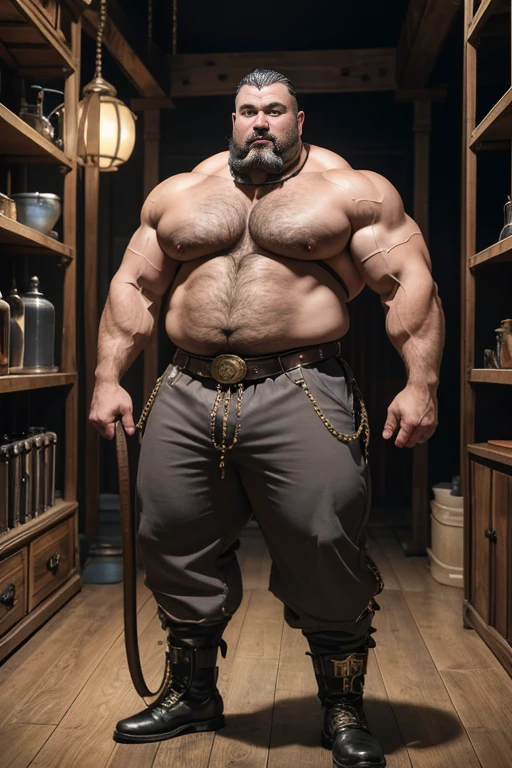  Hyper-realistic image of an elderly 19th century English Steampunk circus tamer superhero with  torso combed gray hair and huge handlebar mustaches A super heavy bodybuilder flexing his muscles A full body obese bodybuilder with a very sweaty body An extremely muscular and extremely fat man over 70 weighing over 600 pounds a very hairy muscular man with very big legs and sagging pecs big dark  and gynecomastia in the lion cage of a steampunk circus dressed in explorer pants and a whip in his hand and a hunter's hat on his head 