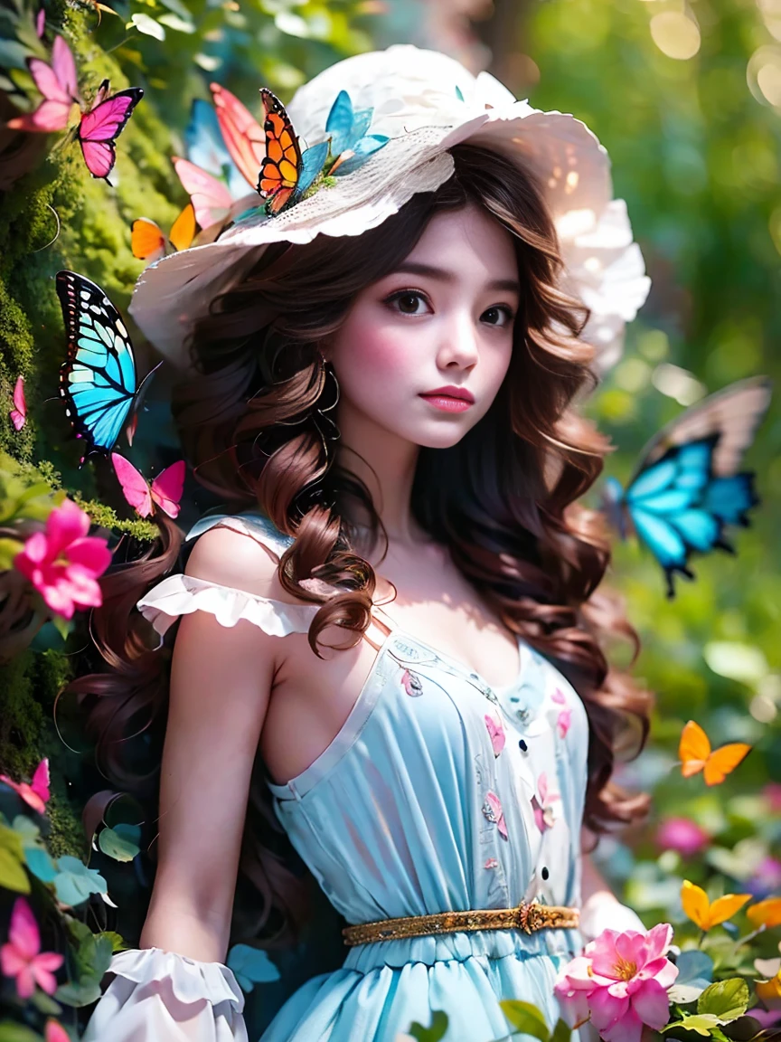 Flower path, journey, Quiet grove, Magical beautiful delicate butterfly, Butterflies of all sizes flutter around it., A serious atmosphere, brightness, Connection with nature, Dusk begins in the background, There is a mysterious and charming atmosphere, There is a long-haired elf in the woods, Delicate face, And very beautiful, crescent hair ornament, rococo style, Conceptual art, first-person view, UHD, anatomically correct, masterpiece, accurate, textured skin, super detail, award winning, 8k