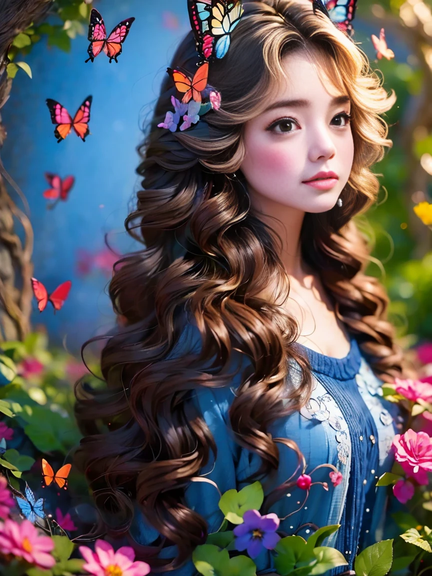 Flower path, journey, Quiet grove, Magical beautiful delicate butterfly, Butterflies of all sizes flutter around it., A serious atmosphere, brightness, Connection with nature, Dusk begins in the background, There is a mysterious and charming atmosphere, There is a long-haired elf in the woods, Delicate face, And very beautiful, crescent hair ornament, rococo style, Conceptual art, first-person view, UHD, anatomically correct, masterpiece, accurate, textured skin, super detail, award winning, 8k