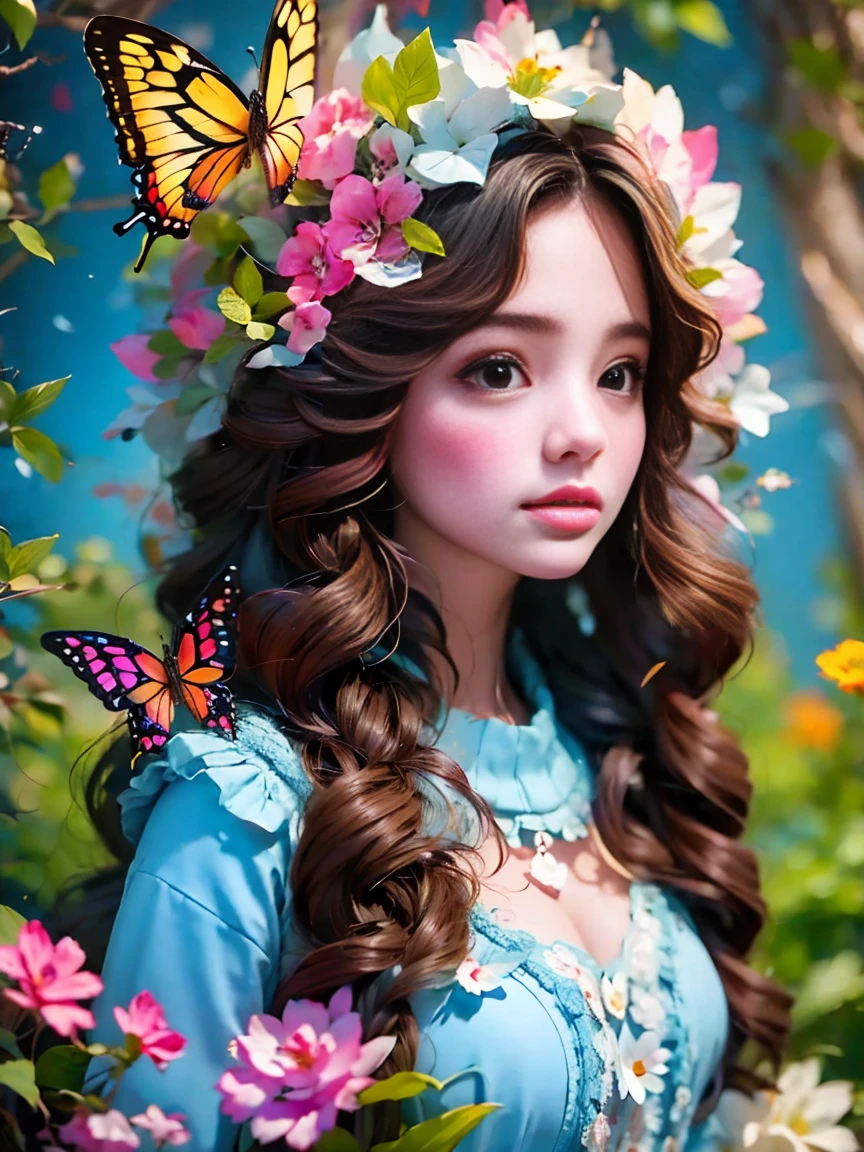 Flower path, journey, Quiet grove, Magical beautiful delicate butterfly, Butterflies of all sizes flutter around it., A serious atmosphere, brightness, Connection with nature, Dusk begins in the background, There is a mysterious and charming atmosphere, There is a long-haired elf in the woods, Delicate face, And very beautiful, crescent hair ornament, rococo style, Conceptual art, first-person view, UHD, anatomically correct, masterpiece, accurate, textured skin, super detail, award winning, 8k