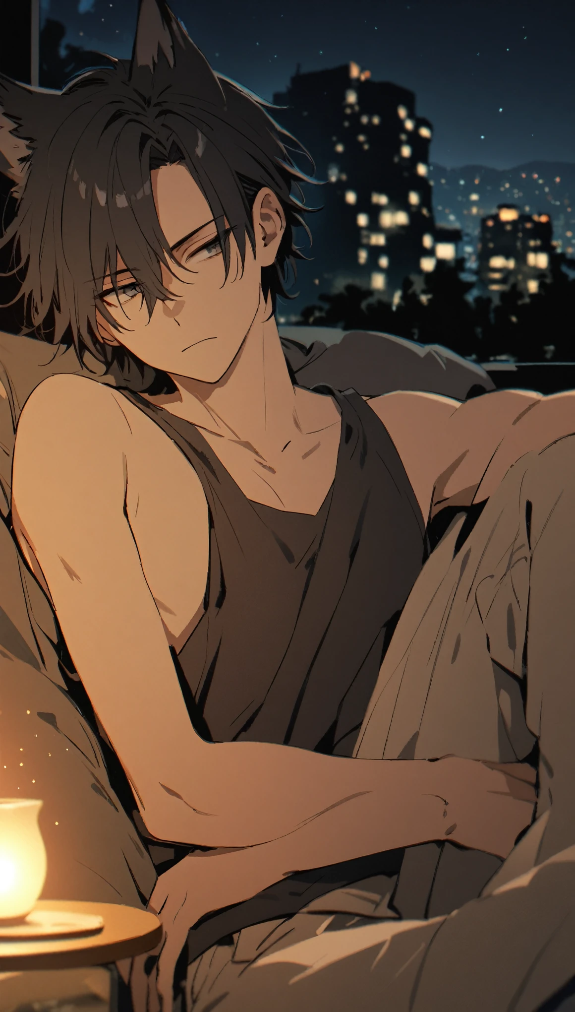 boy, 1 person, Black Hair, Bad face, cool,Wolf Hair, Black tank top, night,relaxing, tobacco