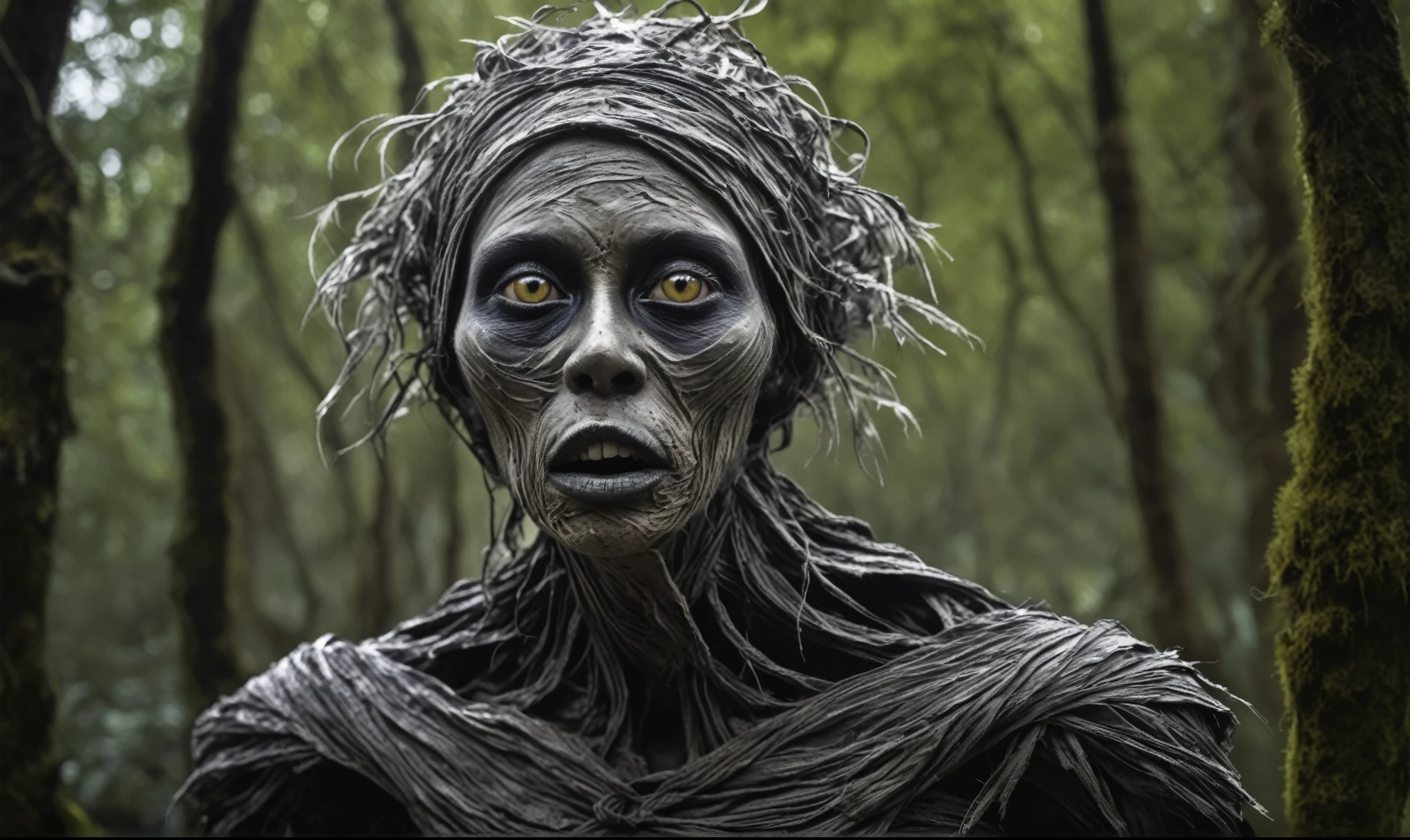 full body length shot, oldest funny fairy's mummy who can't almost fly,Stone Forest in Yunnan Province of China,Giethoorn of Netherlandsnatural skin textures, hyper realisitc, hyper detailed,Extremely detailed,High contrast,Realistic, back view,full body length,evil ghost of Hobgoblin,once pretty face,intricate details,realistic humid skin,extremely intricate details,anatomically correct, eyes extremely detailed, high detailed eyes,High contrast,Ultra HD,Retina,HDR,photo,Masterpiece, natural skin textures, hyper realism,hyper detailed,Realism,Ultra Detailed,irina yermolova, close full body shot,16K resolution,RAW, Nikon Z9,full body length,charcoal goblin,native irish,ominous landscape,niobium radioactive atmosphere, Simon Stalenhag,Nicola Samori,Wangechi Mutu,jibaro,funny mummy wrapped in charcoal bandage