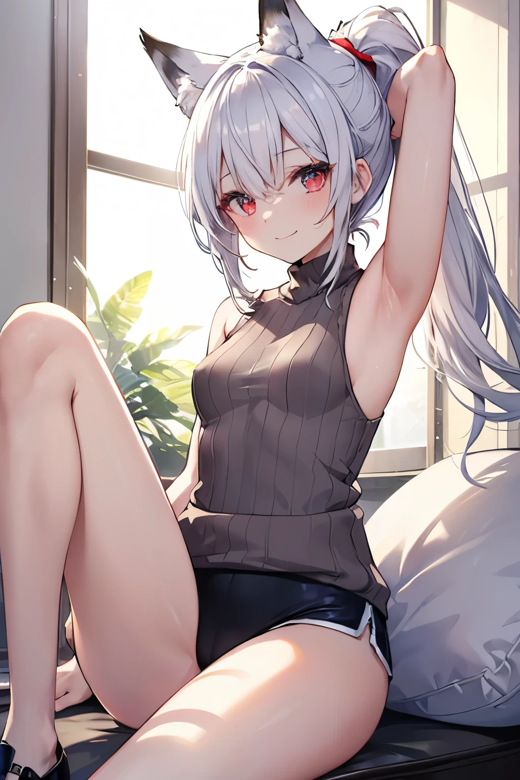 Silver Hair、Red Eye、Fox Ears、girl、Small breasts、ponytail、girl、Small breasts、ta、Bright smile、Looks about 15 yan Musume、short、目のhighlight、Sexy thighs、(length, High neck, Sleeveless sweater:1.3)、Show your armpits、Your eyes are so beautiful、highlight