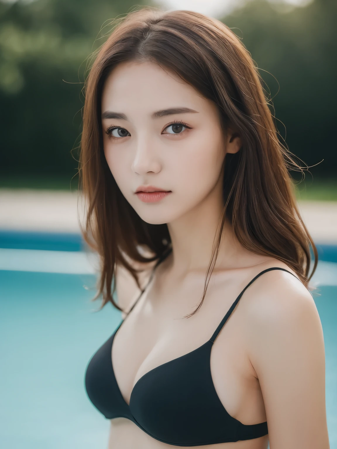 ((highest quality, 8k, masterpiece: 1.3)), Clear focus: 1.2, 1 girl, Perfect figure: 1.4, Slim Abs: 1.1, ((Dark brown hair)), Black Bikini, (Outdoor, noon: 1.1), Blurry pool background, Super Fine Face, fine grain, double eyelid