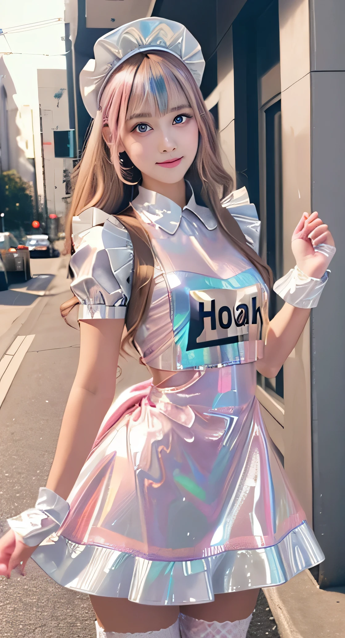Angelic very beautiful cute young girl,
Beautiful detailed eyes, (5 yo:1.2),(clear-eyed:1.3),
Detailed double eyelids,
(Soft Saturation: 1.3),
(Fair skin: 1.3),v-line jaw,
(Large eyes:1.4),
Long straight brown hair,
see-through bangs,
Sharp Focus,
beautiful detailed face and eyes,
drooping eyes,
small straight nose,
small mouth,
happy smiling with visible teeth, 85mm lens, F/8.0,BREAK (Super shiny holographic white and metallic pink latex maid costume :1.5),Walking,Brown hair ,(Costumes with strong reflective surfaces:1.3),(lift skirt:1.2),panty,
(Best Quality:1.2),(Maid costume:1.4),
Raw photo,
High resolution,
perfect detail,
Professional Photography,
Professional Lighting,
Powerful lighting of the costume,In the street