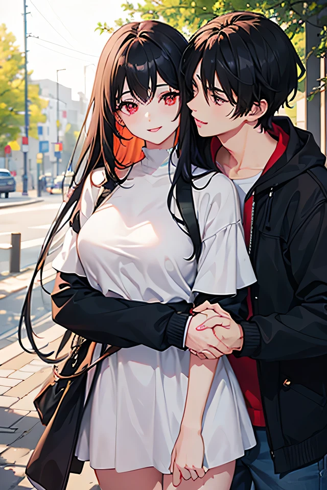 A girl with a Man, boyfriend and girlfriend, A girl with long Black hair, red eyes, with white line on her hair and pink lips, A man with black hair, red eyes with highlight, White line on his hair and smile. holding hand and holding es cream. a girl kiss a man cheeks. cute and sweet. outdoors and park. romantic. A man holding a girl waist. A man kiss her lips