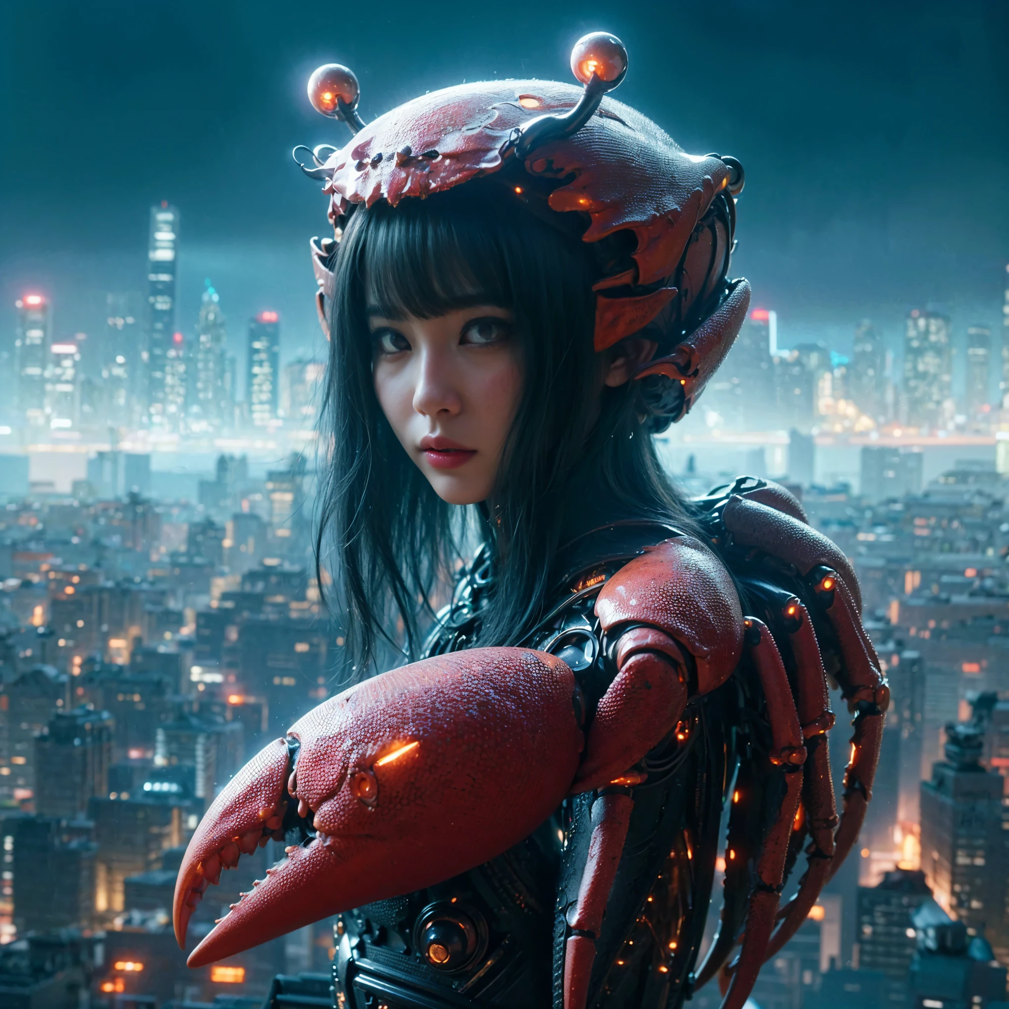 (top-quality:1.2, masterpiece), ultra high resolution, (Photorealsitic:1.4), (crab-base body),  1 Japanese female, extremely realistic face, (white hair), ((ultimately intricate all details)), (whole body picture), realistic shadow, octan render, glossy textures, character edge light, Details of complex ornaments,  dystopia with a beautiful view at night, fighting pose