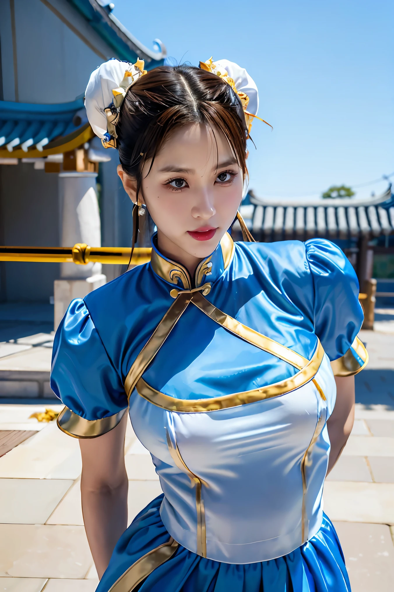 Chun-Li from Street Fight II,perfect chun li costume,Blue cheongsam with gold lines,Bun head,bun cover,fighting pose,masterpiece、1 beautiful girl、fine eyes、puffy eyes、highest quality, 超High resolution, (reality: 1.4), movie lighting、Japanese、asian beauty、Korean、super beautiful、beautiful skin、body facing forward、close up of face、(Ultra-realistic)、(High resolution)、(8k)、(very detailed)、(Beautiful and fine eyes)、(Super detailed)、 (wall-)、detailed face、bright lighting、professional lighting、looking at the viewer、look straight ahead、slanted bangs、Nogizaka Idol、korean idol、masterpiece, highest quality, masterpiece, highest quality, perfect face, perfect brown eyes with white sclera, bad move-5, alone, 1 girl, Upper body, brown hair, From SF2, Chinese service, smile, muscular woman, blue clothes, pantyhose, pelvic curtain, Puffy short sleeves, Good cover, sash, evaluation:safety