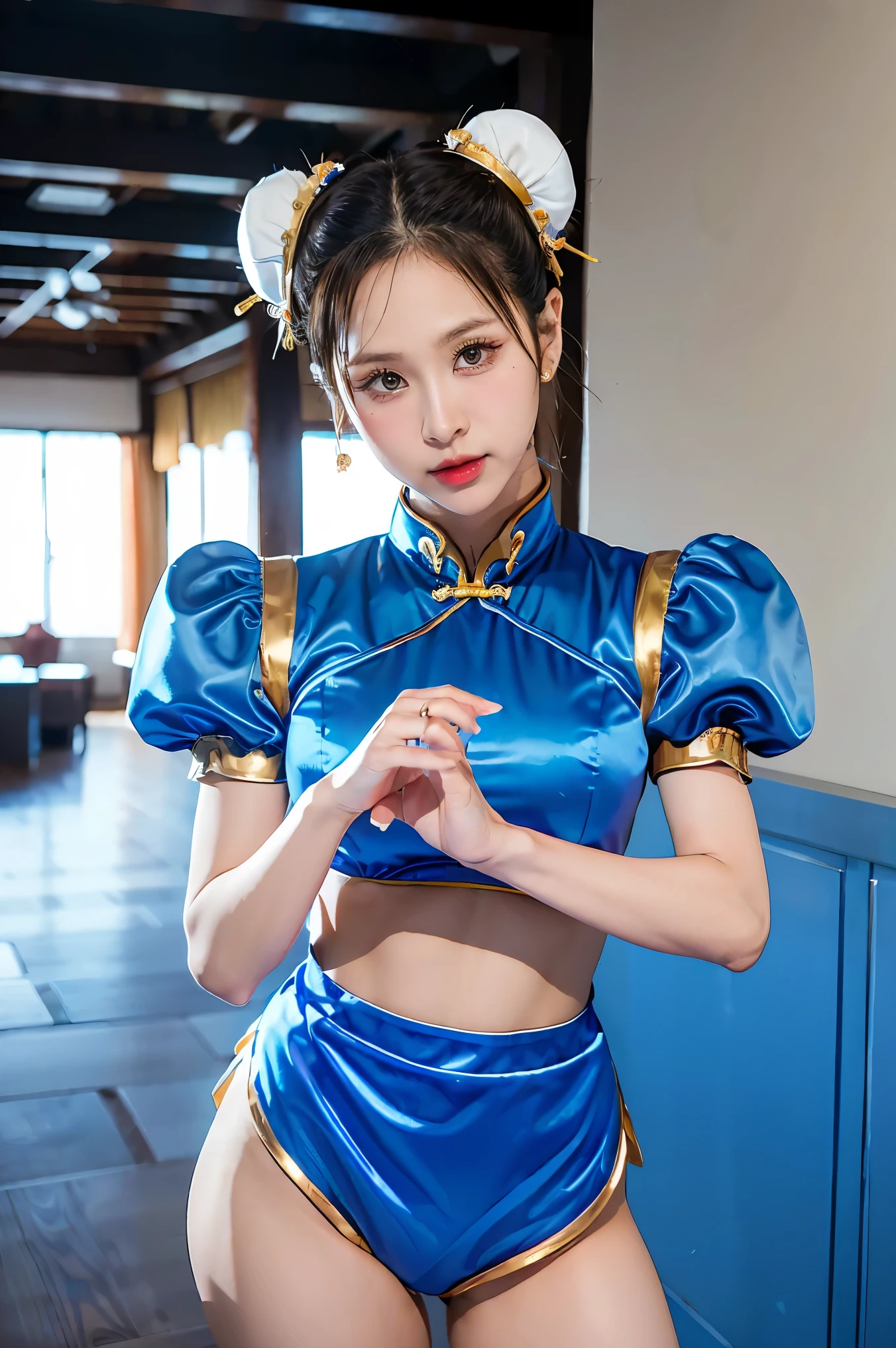 Chun-Li from Street Fight II,perfect chun li costume,Blue cheongsam with gold lines,Bun head,bun cover,fighting pose,masterpiece、1 beautiful girl、fine eyes、puffy eyes、highest quality, 超High resolution, (reality: 1.4), movie lighting、Japanese、asian beauty、Korean、super beautiful、beautiful skin、body facing forward、close up of face、(Ultra-realistic)、(High resolution)、(8k)、(very detailed)、(Beautiful and fine eyes)、(Super detailed)、 (wall-)、detailed face、bright lighting、professional lighting、looking at the viewer、look straight ahead、slanted bangs、Nogizaka Idol、korean idol、masterpiece, highest quality, masterpiece, highest quality, perfect face, perfect brown eyes with white sclera, bad move-5, alone, 1 girl, Upper body, brown hair, From SF2, Chinese service, smile, muscular woman, blue clothes, pantyhose, pelvic curtain, Puffy short sleeves, Good cover, sash, evaluation:safety