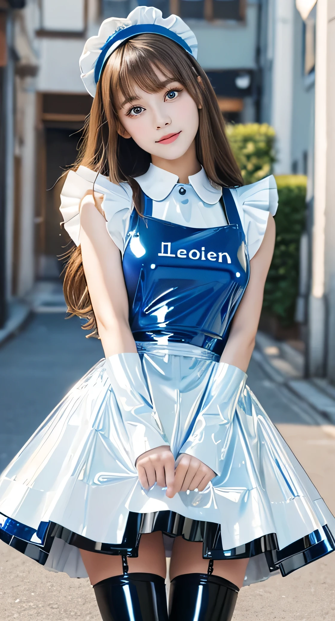 Angelic very beautiful cute young girl,
Beautiful detailed eyes, (5 yo:1.2),(clear-eyed:1.3),
Detailed double eyelids,
(Soft Saturation: 1.3),
(Fair skin: 1.3),v-line jaw,
(Large eyes:1.4),
Long straight brown hair,
see-through bangs,
Sharp Focus,
beautiful detailed face and eyes,
drooping eyes,
small straight nose,
small mouth,
happy smiling with visible teeth, 85mm lens, F/8.0,BREAK (Super shiny white and blue latex maid costume :1.5),Walking,Brown hair ,(Costumes with strong reflective surfaces:1.3),(lift skirt:1.2),panty,
(Best Quality:1.2),(Maid costume:1.4),
Raw photo,
High resolution,
perfect detail,
Professional Photography,
Professional Lighting,
Powerful lighting of the costume,In the street